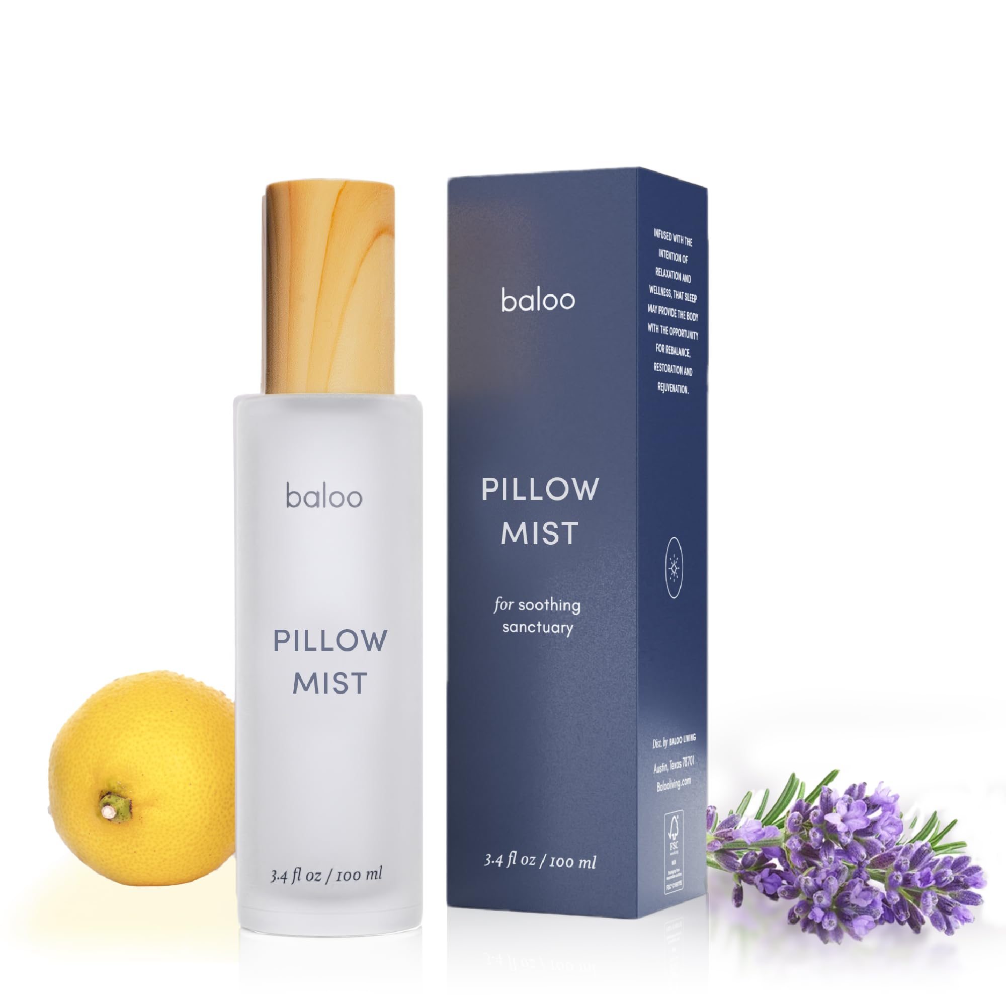 Baloo Pillow Mist bottle with lavender-bergamot aroma for restful sleep.