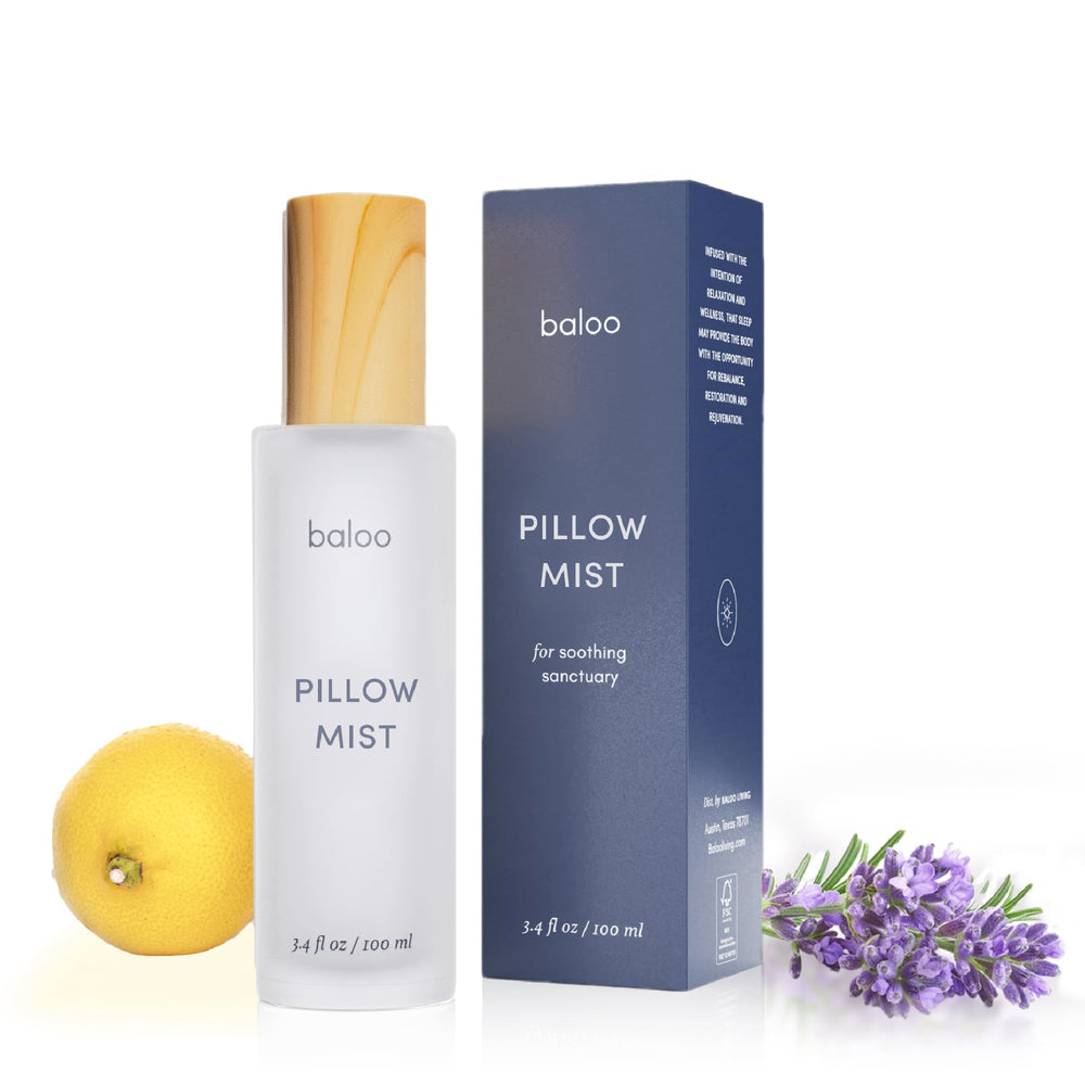 Baloo Pillow Mist bottle with lavender-bergamot aroma for restful sleep.
