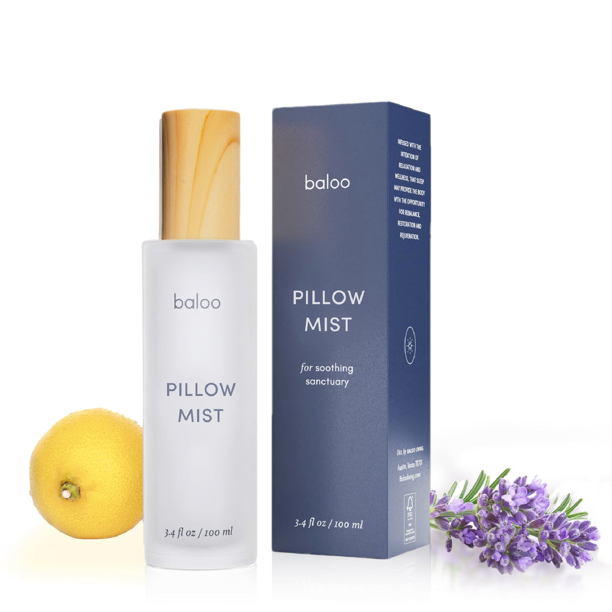 Baloo Pillow Mist bottle with lavender-bergamot aroma for restful sleep.