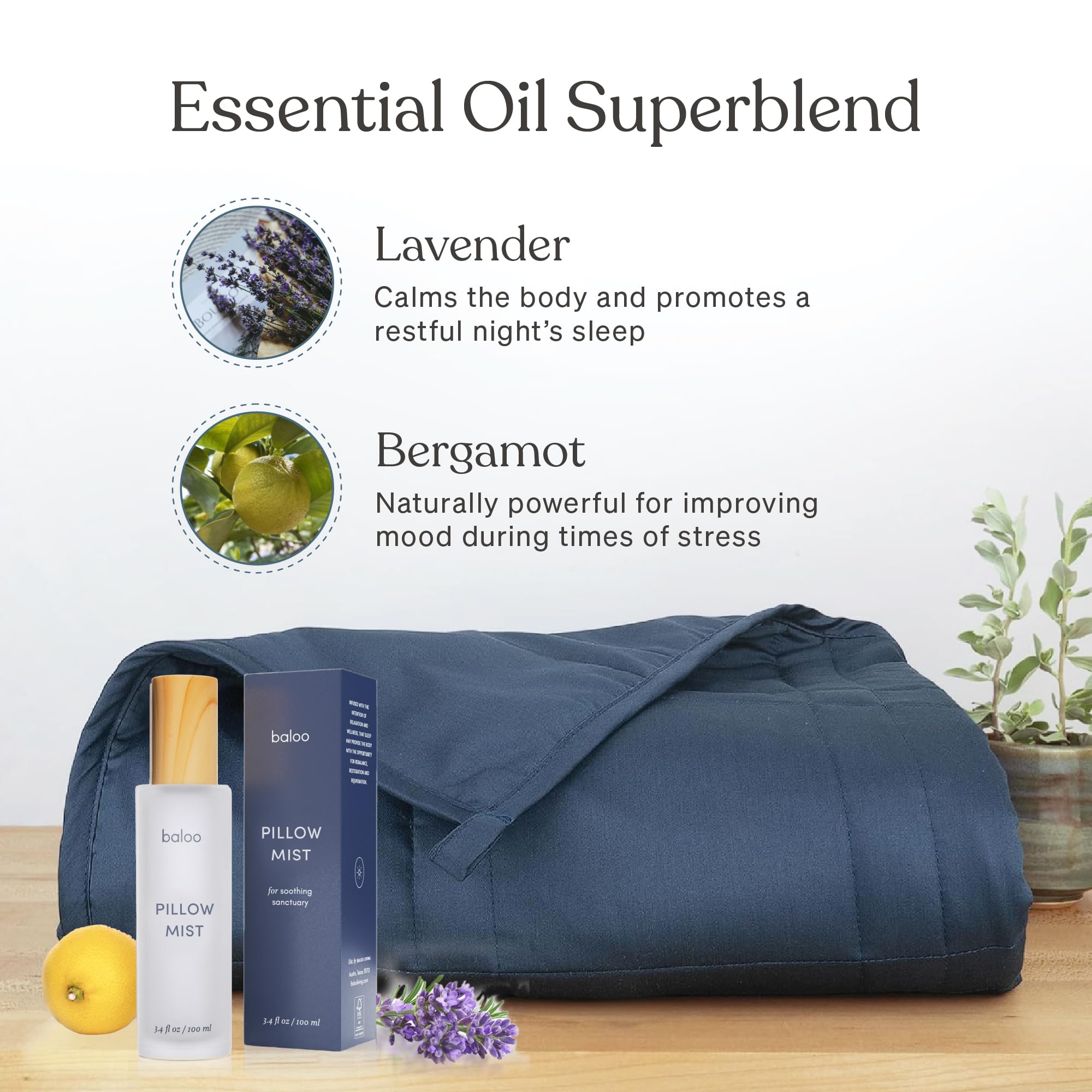 Baloo Pillow Mist label closeup highlights calming lavender and bergamot blend.