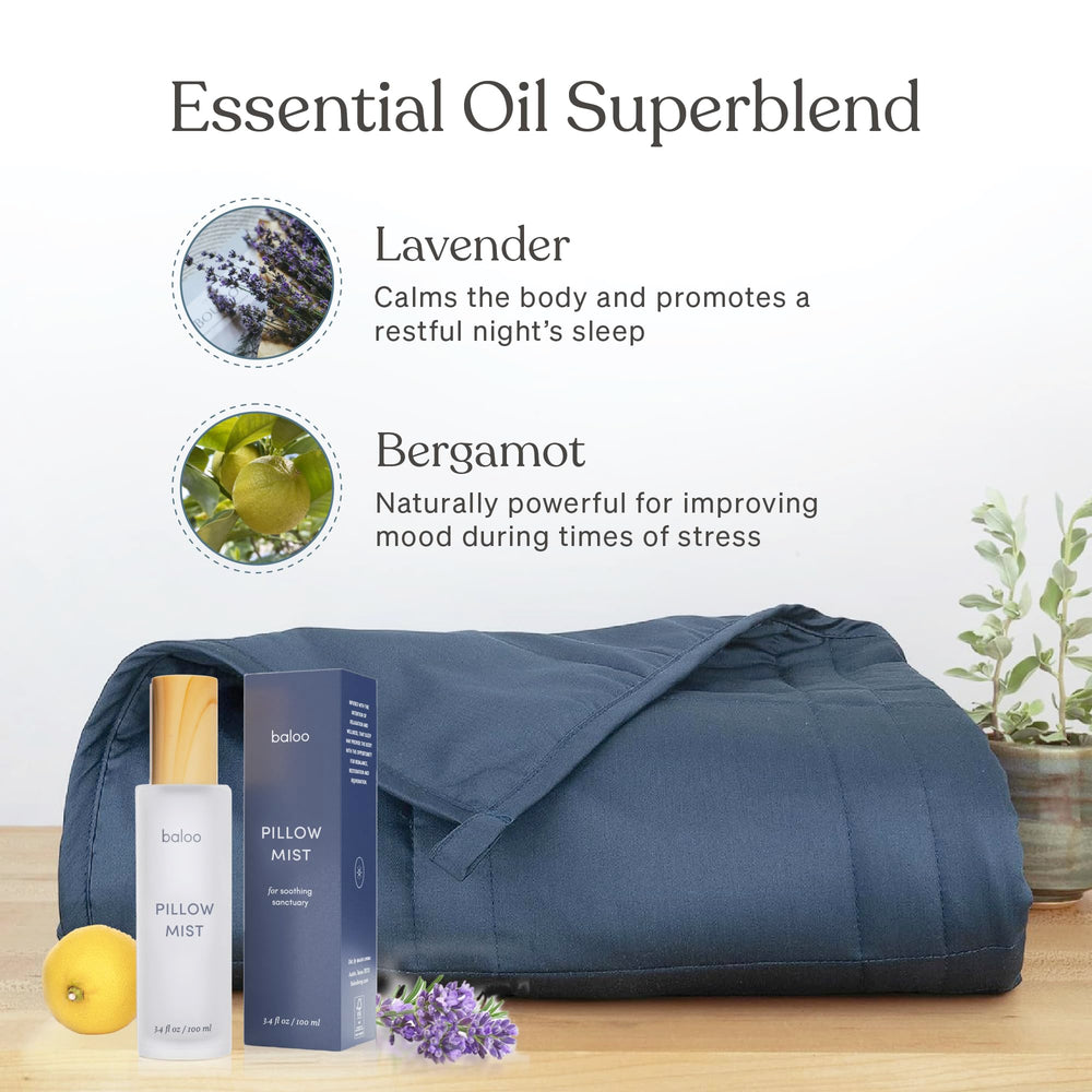 Baloo Pillow Mist label closeup highlights calming lavender and bergamot blend.
