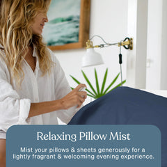 Baloo Pillow Mist pillow spray application demonstrates easy bedside use for bedtime rituals.