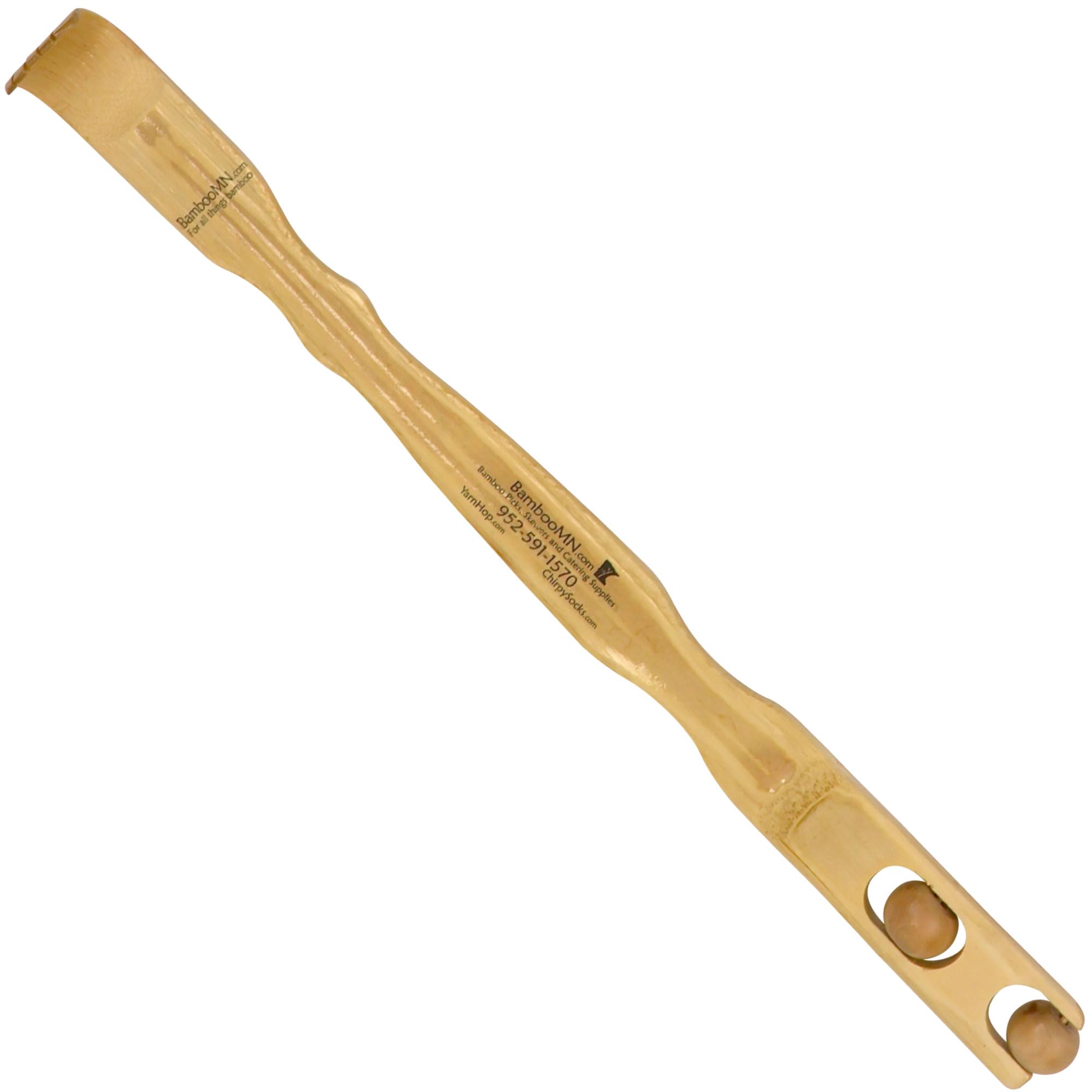 BambooMN 17-inch back scratcher with a smooth massage roller for itch relief.