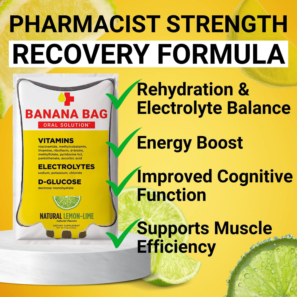 Banana Bag lemon-lime packet dissolving in water, refreshing energy boost.