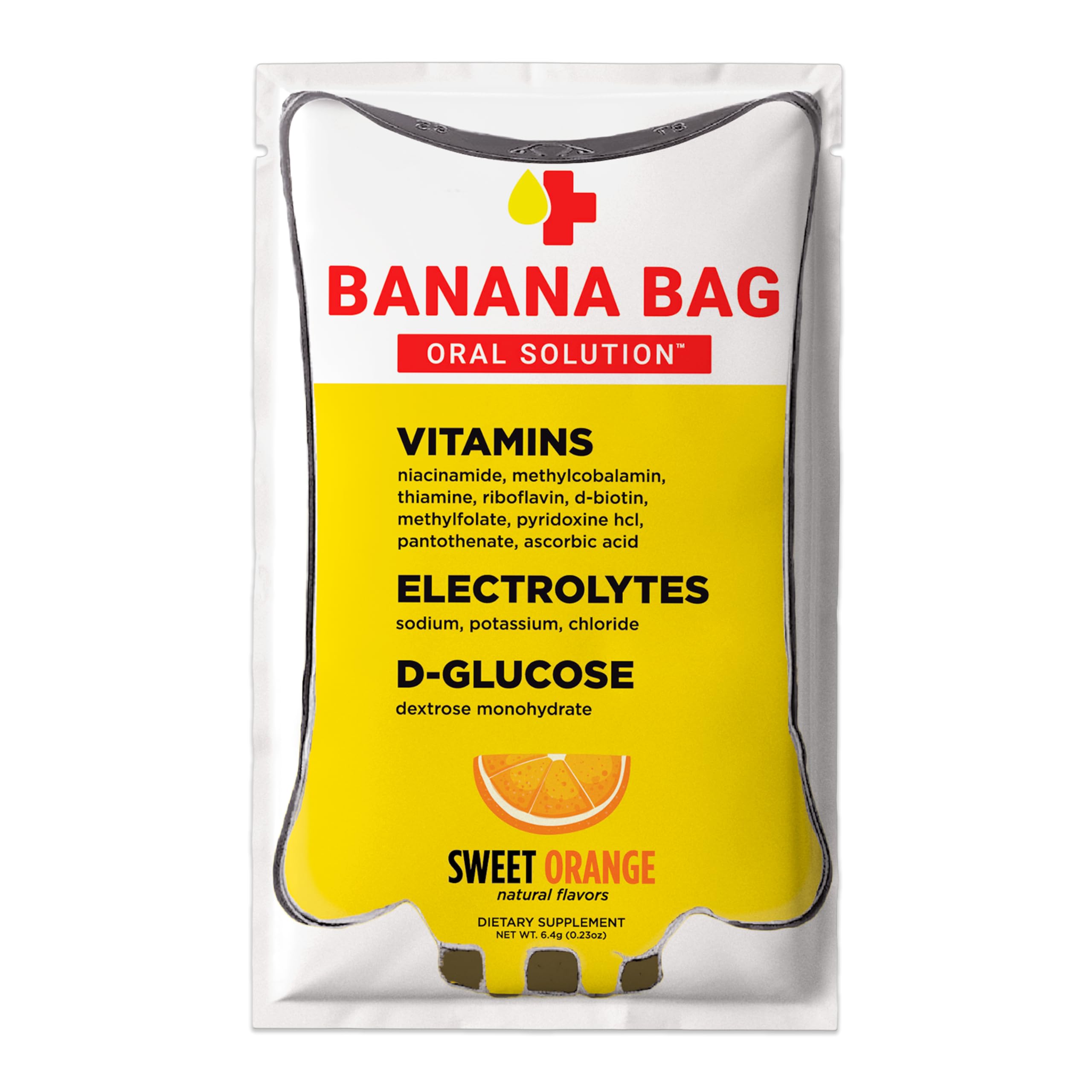Banana Bag Orange packet front for quick hydration on the go.