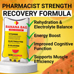 Banana Bag solution drink-mix glass ready-to-drink hydration after a night out.
