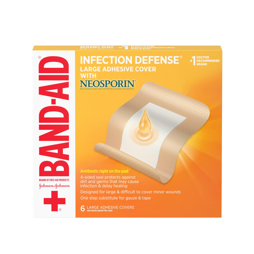Band-Aid Infection Defense con almohadilla Neosporin, protección antibiótica directa para heridas menores.