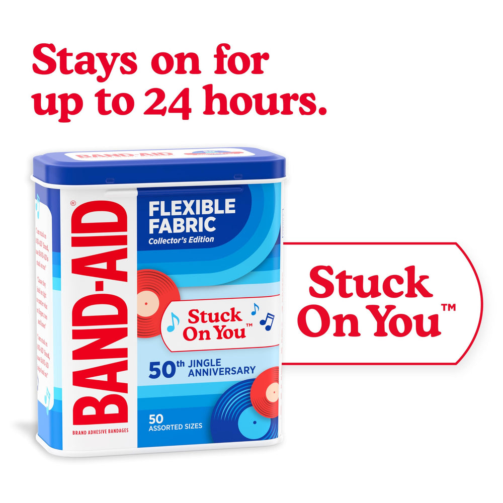 Band-AID with Memory Weave fabric provides comfortable stretch during movement.