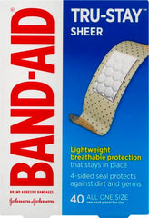 Band-Aid Brand Tru-Stay Sheer Strips breathable backing supports comfort.