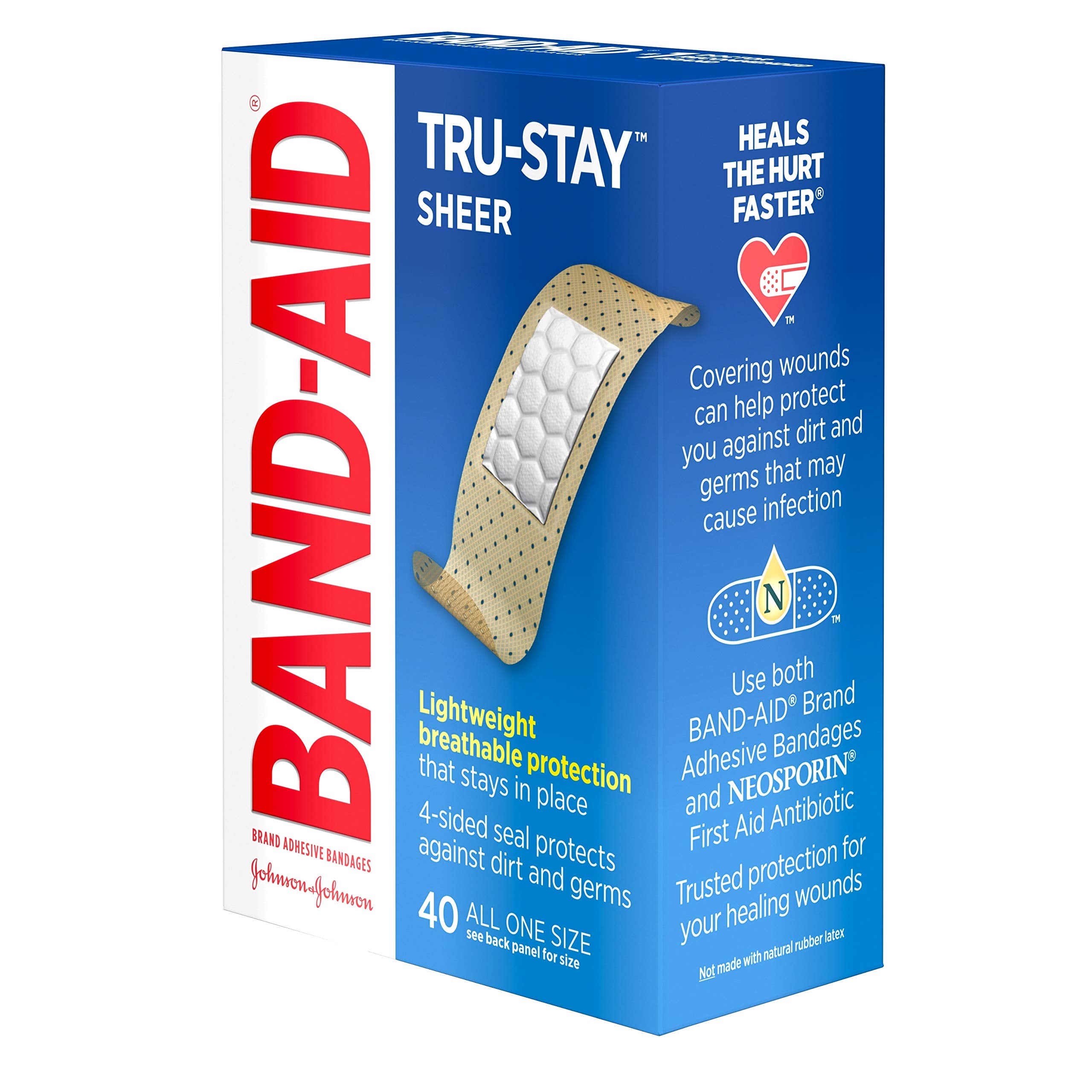 Band-Aid Tru-Stay Sheer Strips discreet coverage on skin with sheer fabric.