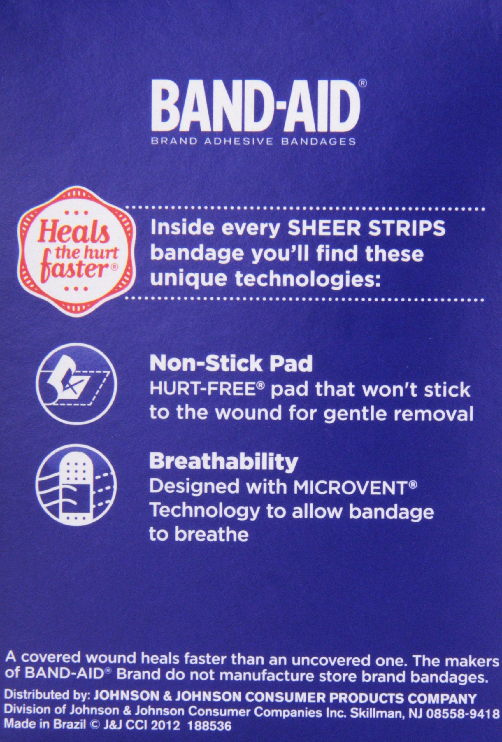Band-Aid Brand Tru-Stay Sheer Strips Hurt-Free pad for easy removal.