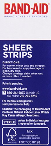Band-Aid Brand Tru-Stay Sheer Strips on-skin wear for minor scrapes.