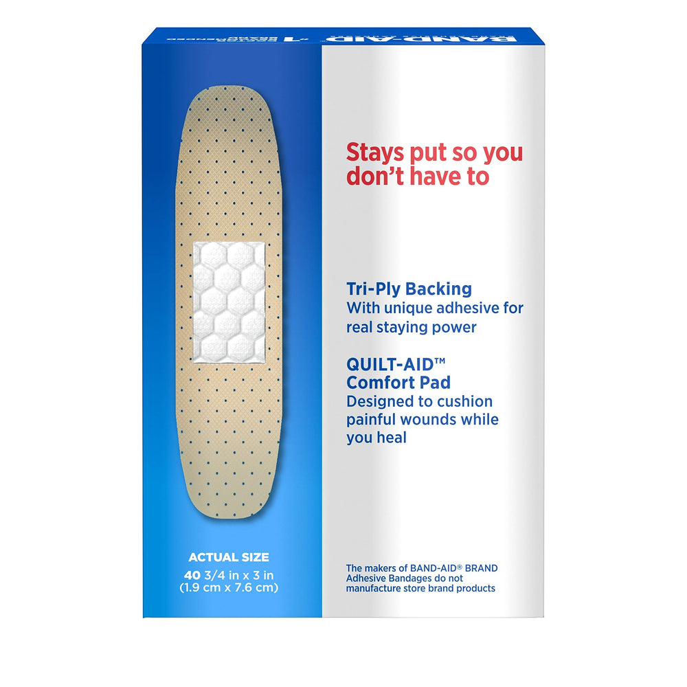 Band-Aid Brand Tru-Stay Sheer Strips Quilt-Aid pad cushions wounds gently.