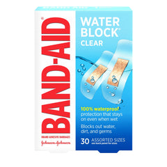 Band-Aid Water Block Clear: caja de 30 vendajes impermeables, ideal para cortes menores.