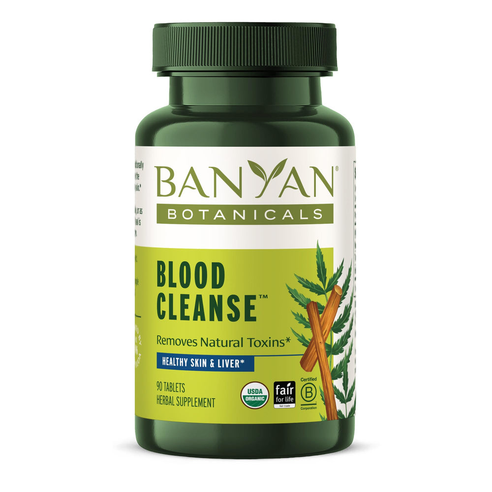 Banyan Botanicals Blood Cleanse Tablets packshot highlights organic detox herbs for skin support.
