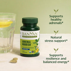 Banyan Botanicals Adrenal Nourish label close-up highlights organic ingredients for balanced energy.