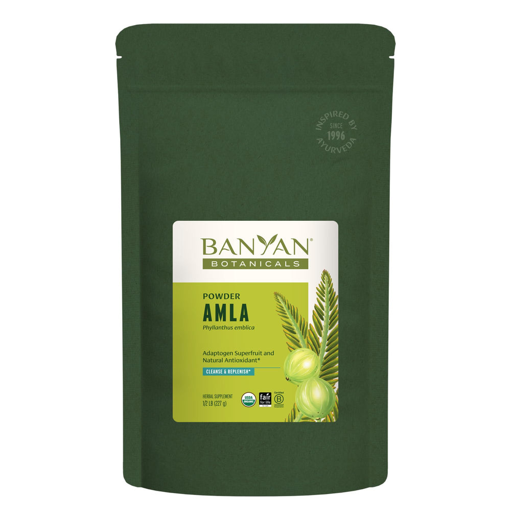 Banyan Botanicals Amla powder bottle shows premium organic amla for daily nutrition and antioxidants.