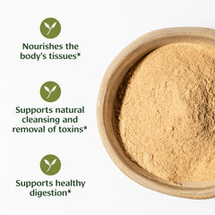 Banyan Botanicals Amla powder measuring scoop for easy portioning into smoothies.