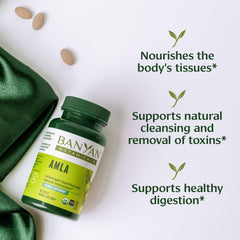 Banyan Botanicals Amla tablets packaging highlighting organic, sustainably sourced herbs.