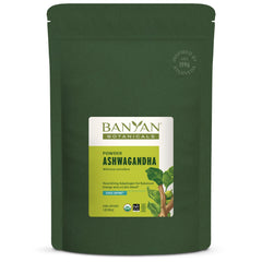 Banyan Botanicals Ashwagandha powder bottle showing traditional adaptogen for daily energy