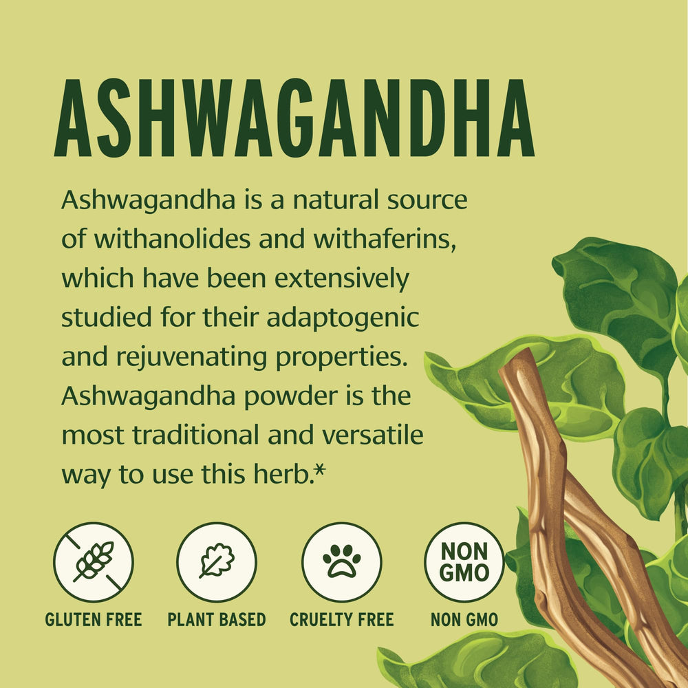 Banyan Botanicals Ashwagandha powder closeup with organic root texture