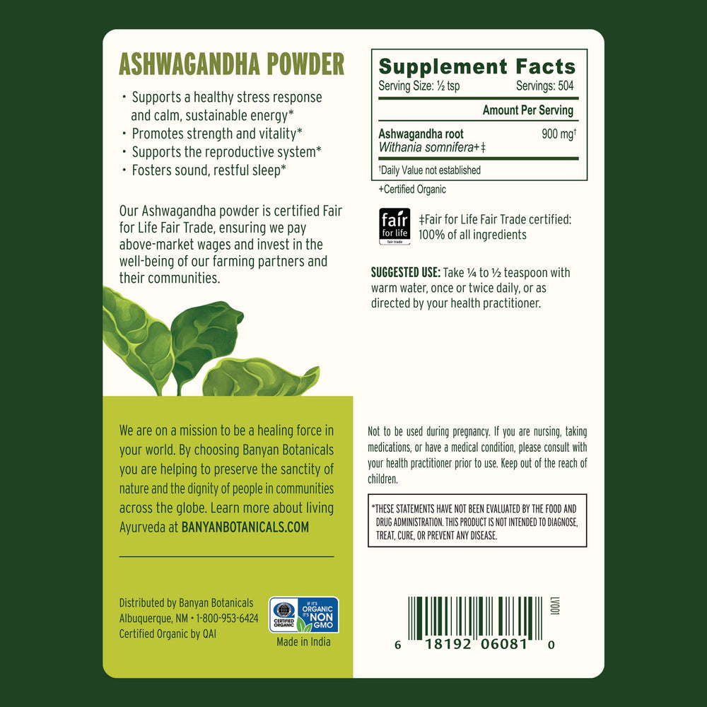Banyan Botanicals Ashwagandha powder label highlighting Fair Trade and organic sourcing