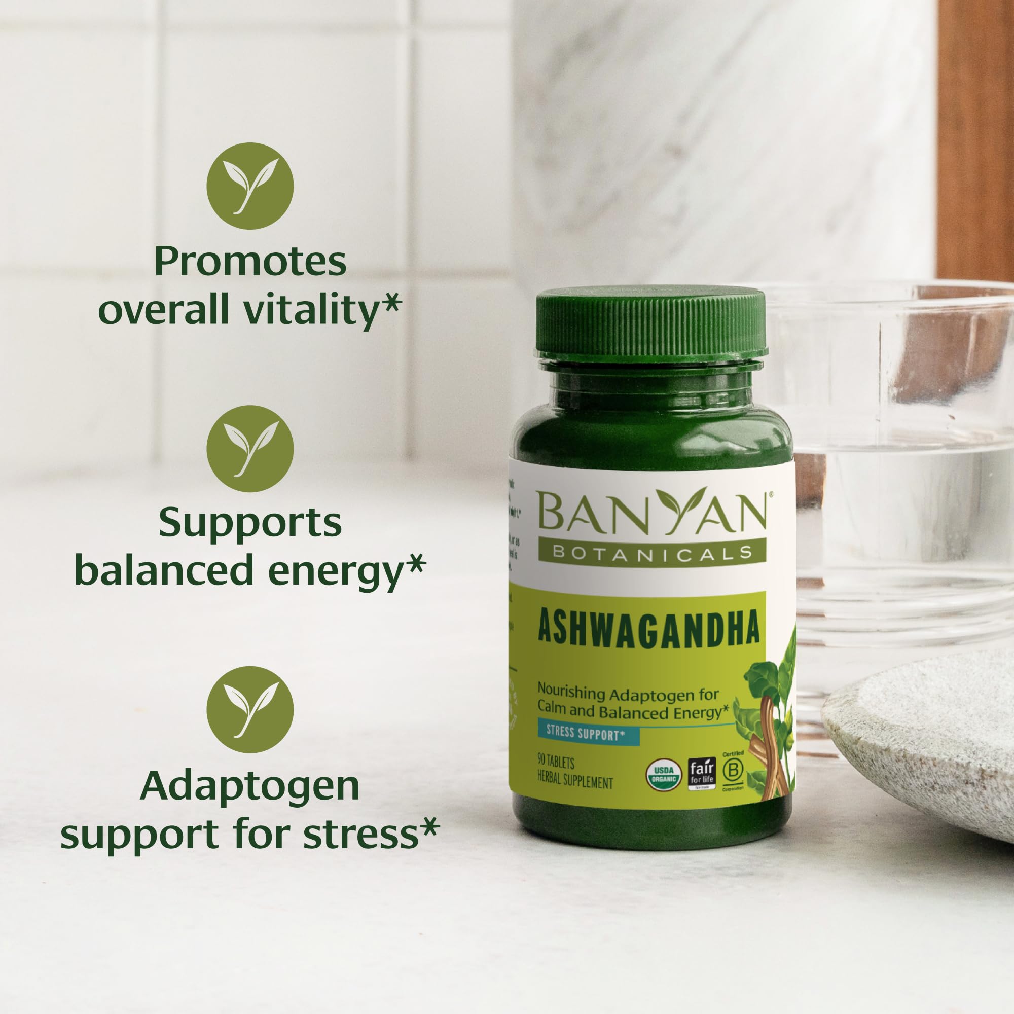 Closeup of Banyan Botanicals Ashwagandha tablets showing texture and quality.