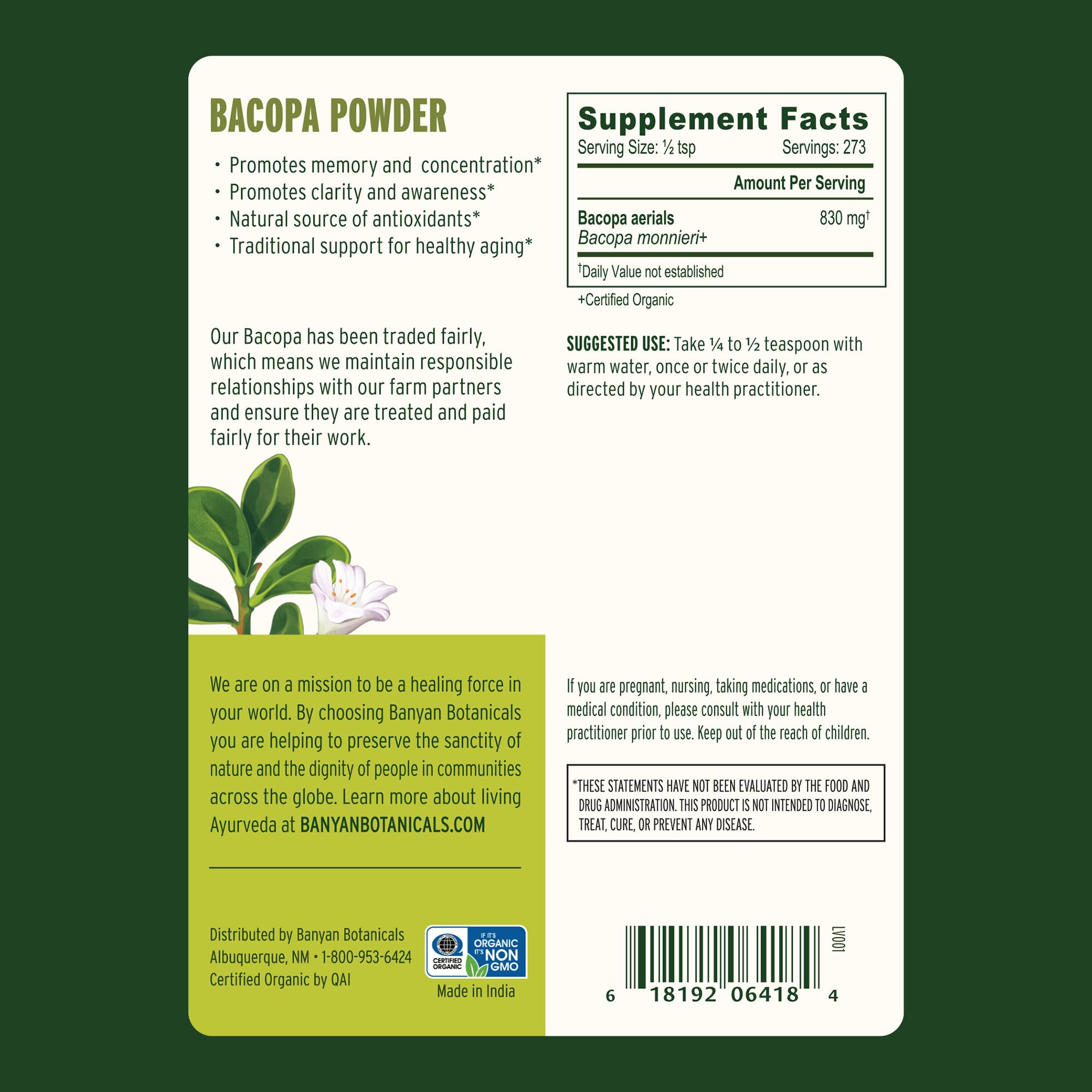 Banyan Botanicals Bacopa Powder contents show fine, mixable texture for smoothies