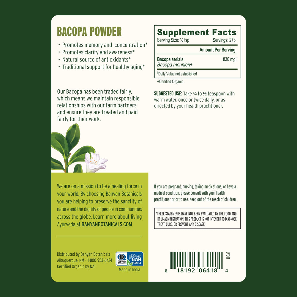 Banyan Botanicals Bacopa Powder contents show fine, mixable texture for smoothies