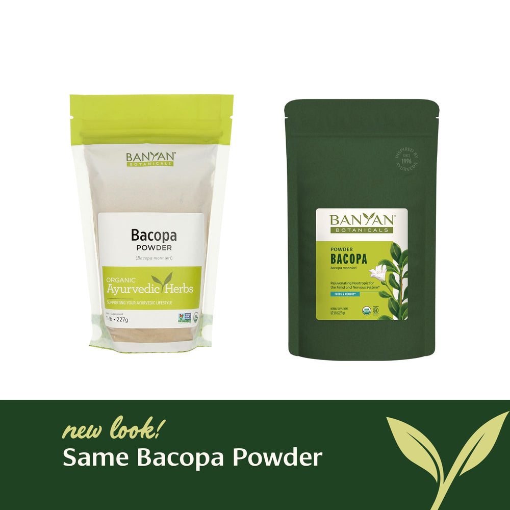 Banyan Botanicals Bacopa Powder dispensing image suggests easy daily use for focus