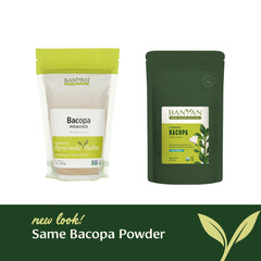 Banyan Botanicals Bacopa Powder dispensing image suggests easy daily use for focus