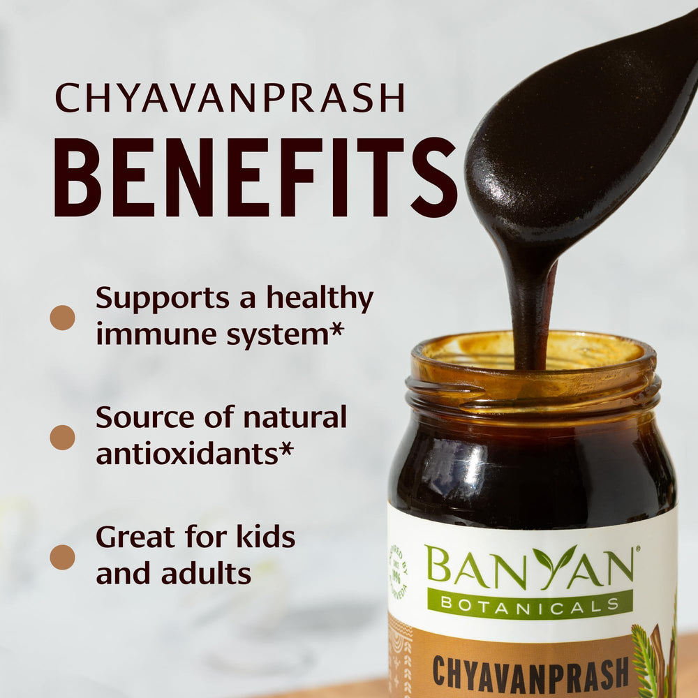 Banyan Botanicals Chyawanprash amla-ashwagandha herbs highlight adaptogenic notes for energy.