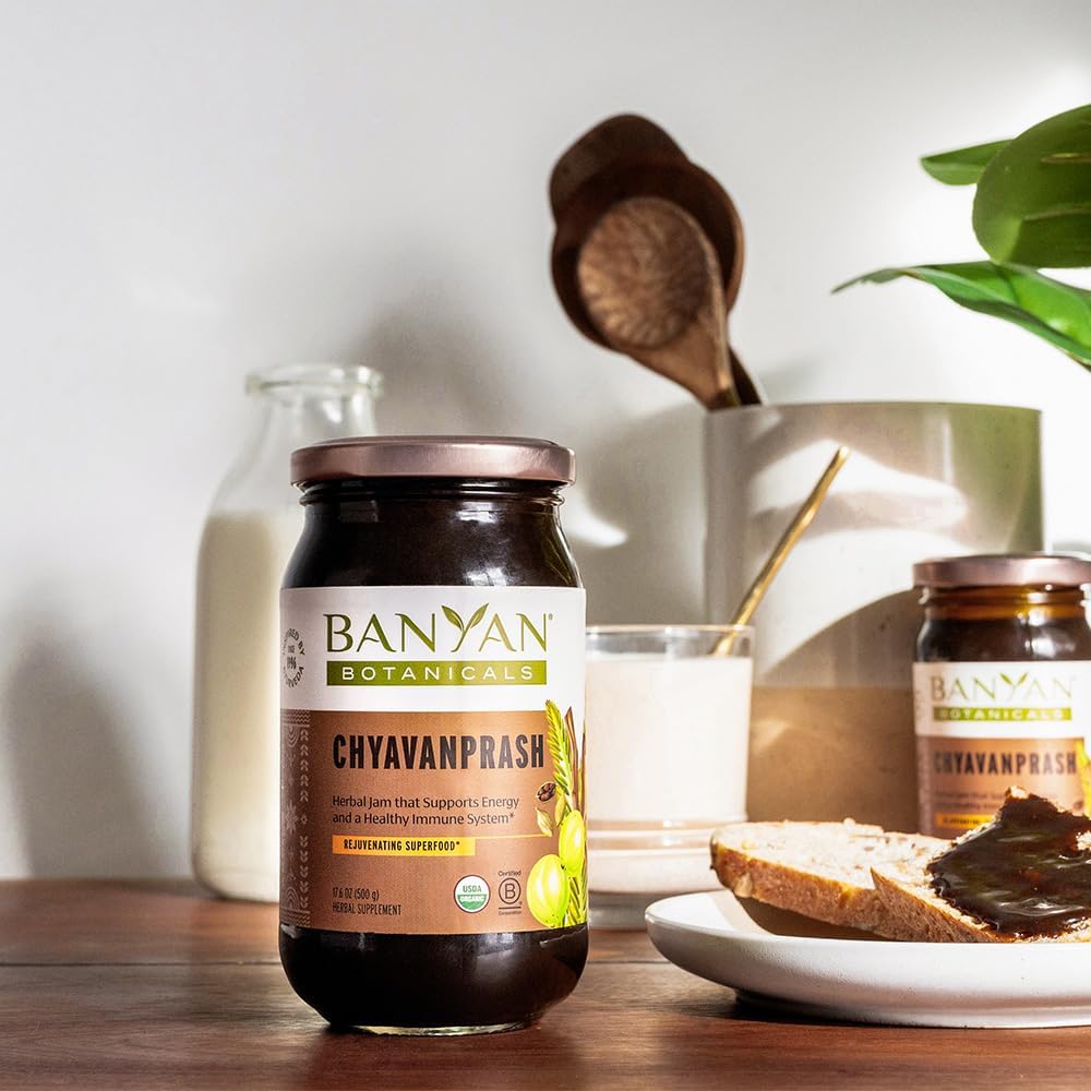 Banyan Botanicals Chyawanprash label close-up confirms organic, sustainable sourcing.