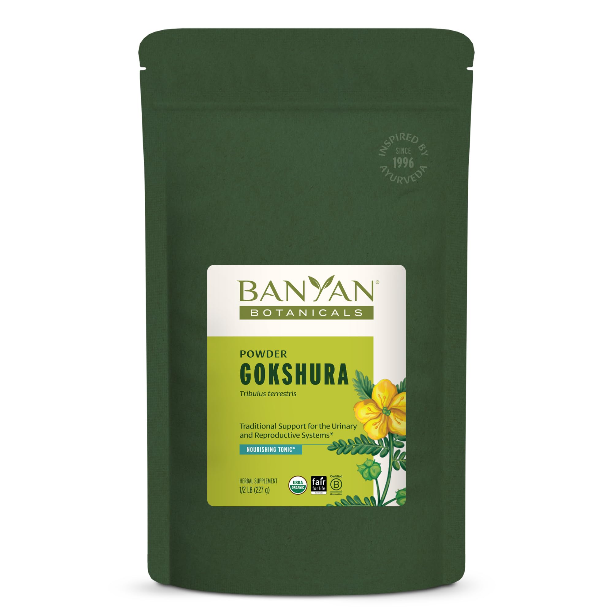 Banyan Botanicals Gokshura powder bottle for traditional vitality preparation