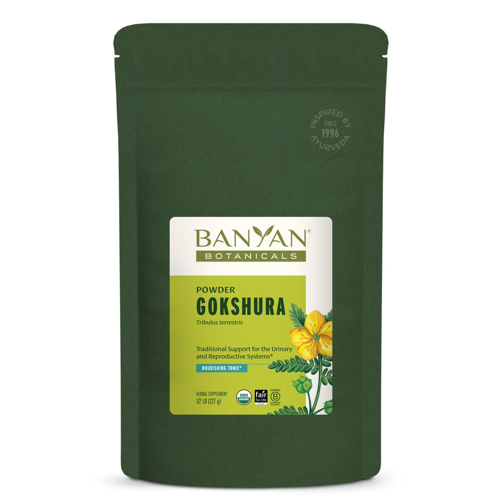 Banyan Botanicals Gokshura powder bottle for traditional vitality preparation