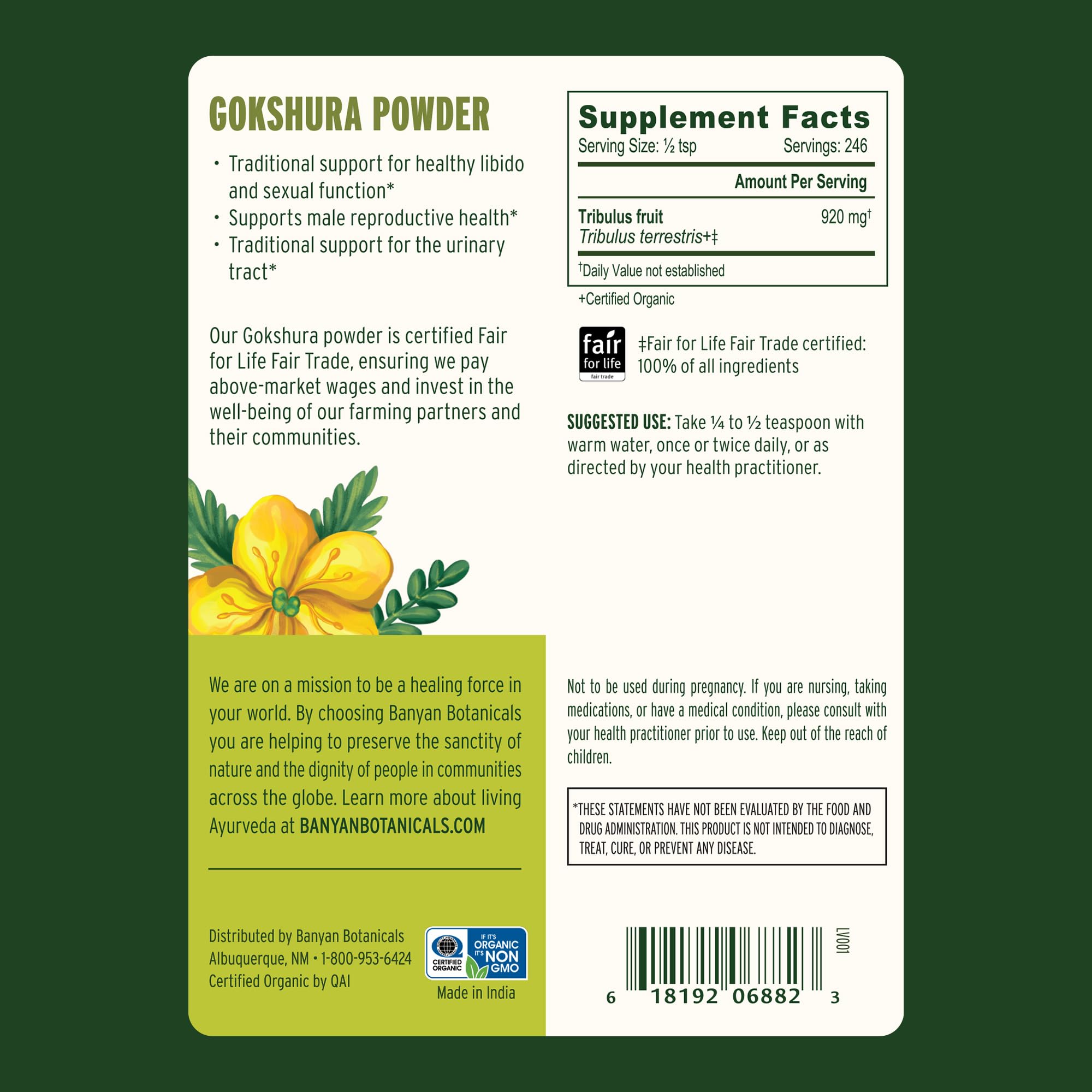 Gokshura powder packaging highlighting organic sourcing and sustainability