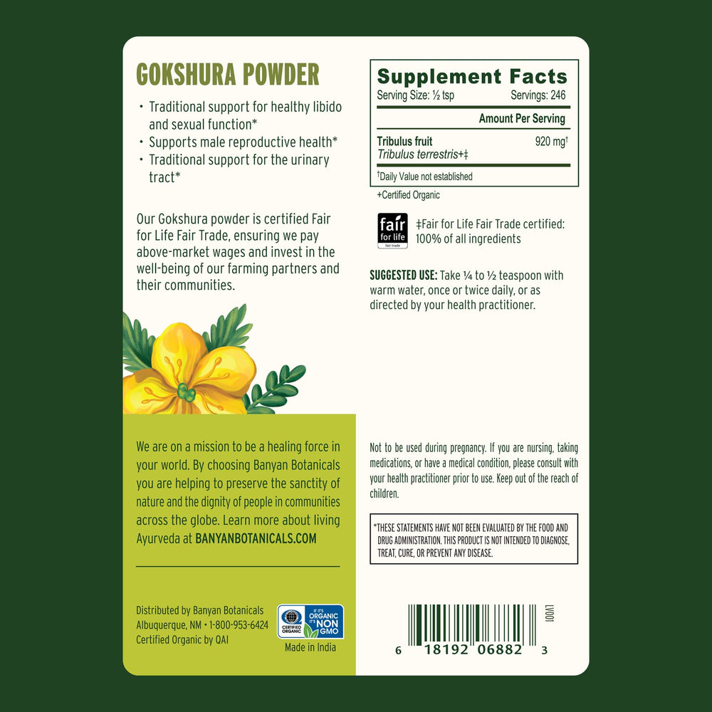 Gokshura powder packaging highlighting organic sourcing and sustainability