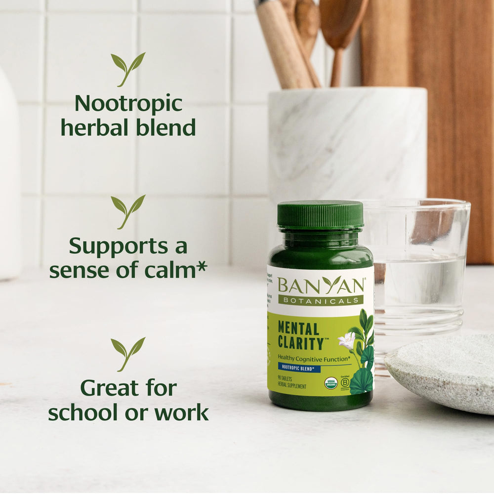 Banyan Botanicals Gotu Kola tablets close-up showing brain-support herbs