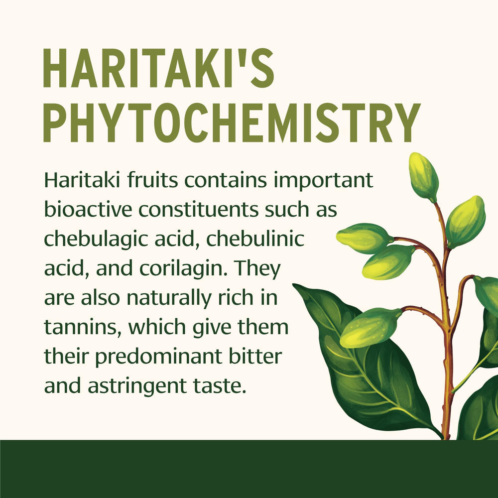 Close-up of Haritaki label showing organic certification and cleansing potential.