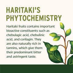 Close-up of Haritaki label showing organic certification and cleansing potential.
