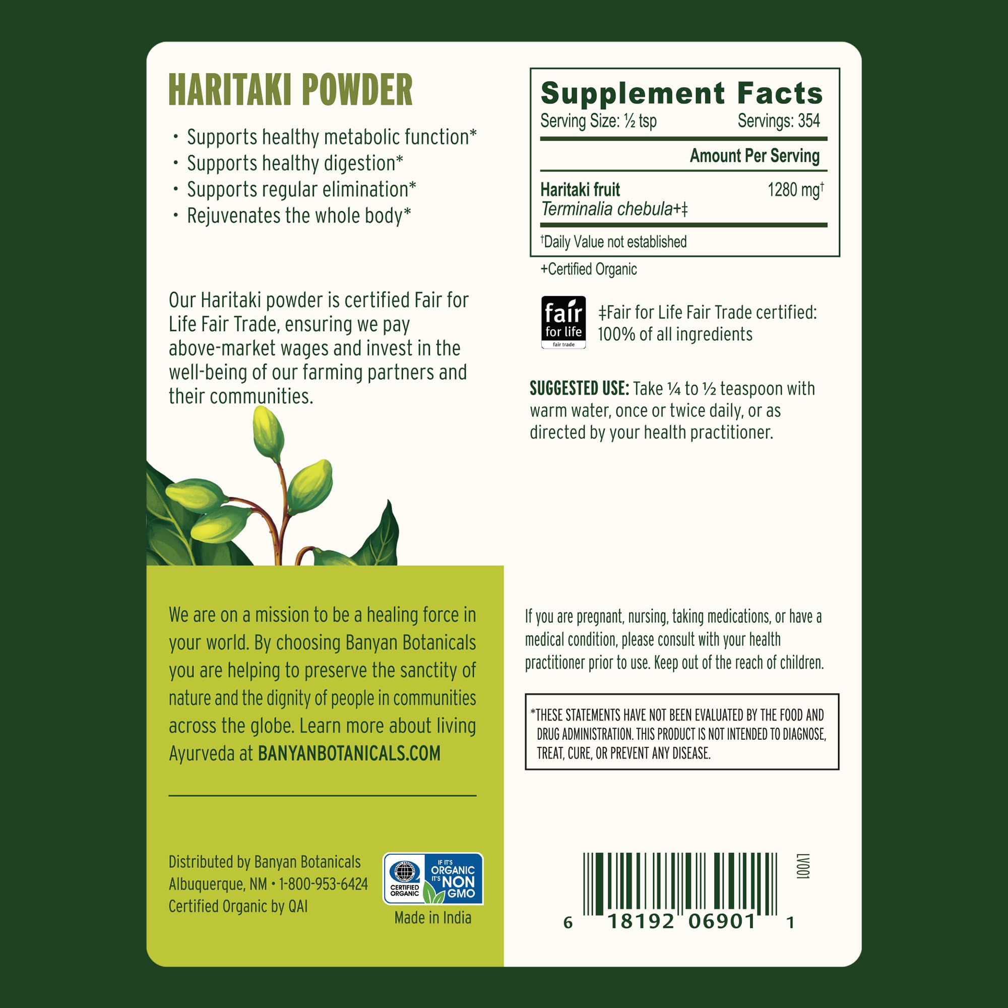 Banyan Botanicals Haritaki Powder closeup of fine powder, organic and non-GMO.