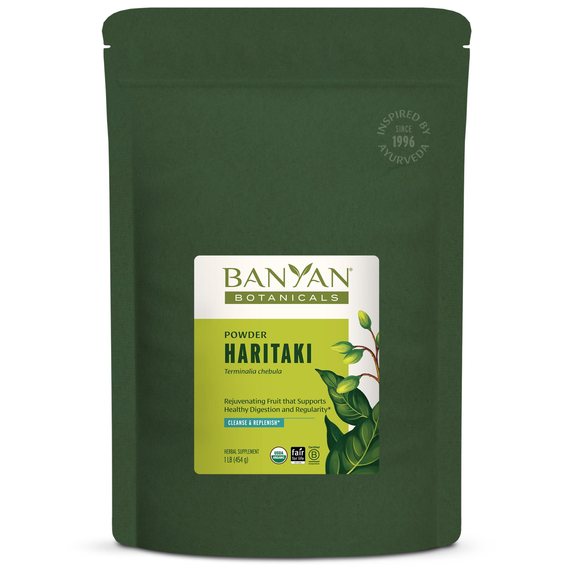 Banyan Botanicals Haritaki Powder jar featuring organic powder for gentle digestion support.