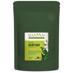 Banyan Botanicals Haritaki Powder jar featuring organic powder for gentle digestion support.