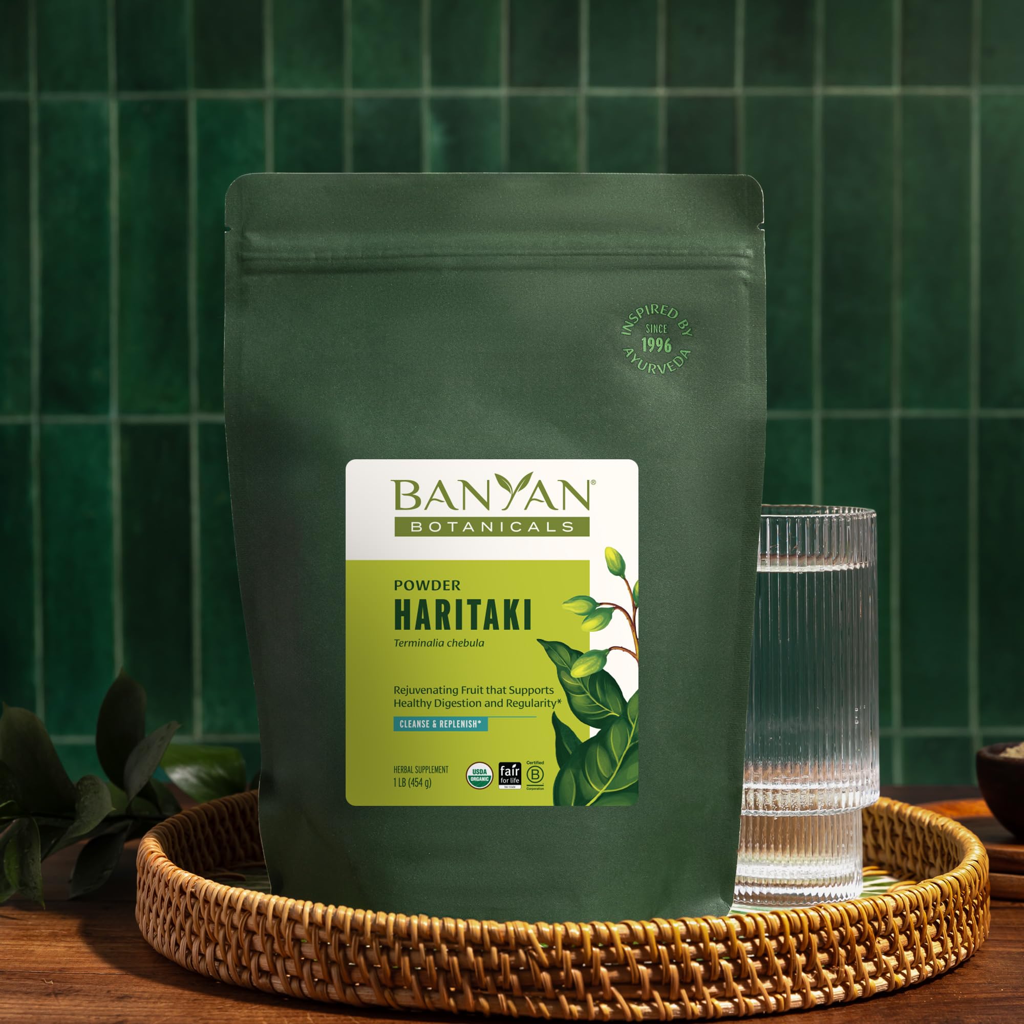 Banyan Botanicals Haritaki Powder label detail showing Fair Trade and organic certifications.