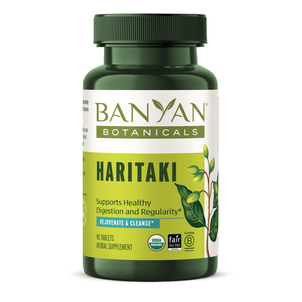 Banyan Botanicals Haritaki tablets on a clean surface for daily digestive wellness.
