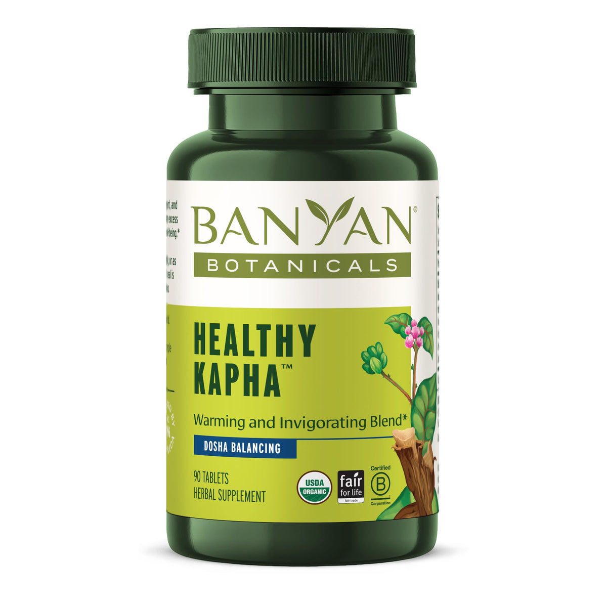 Banyan Botanicals Healthy Kapha bottle front with tablets for balanced vitality