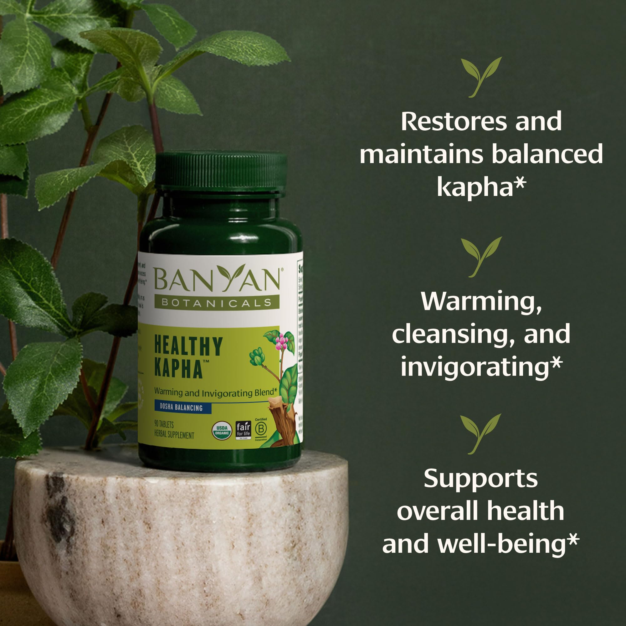 Healthy Kapha bottle label close-up highlighting organic herbs for balance