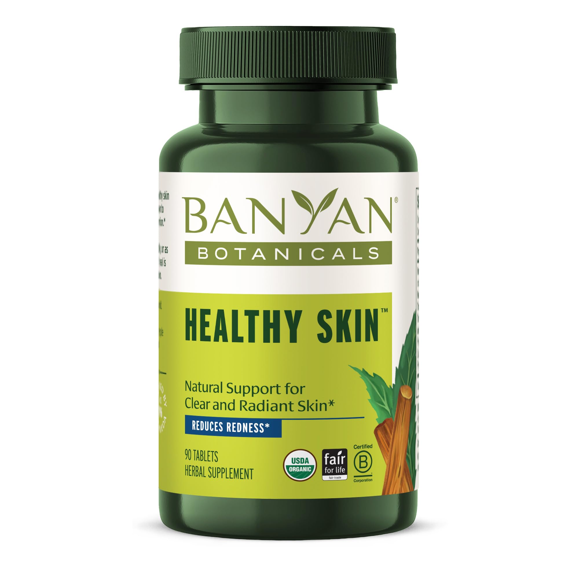 Banyan Botanicals Healthy Skin bottle and label showing vegan organic formula for radiant skin.