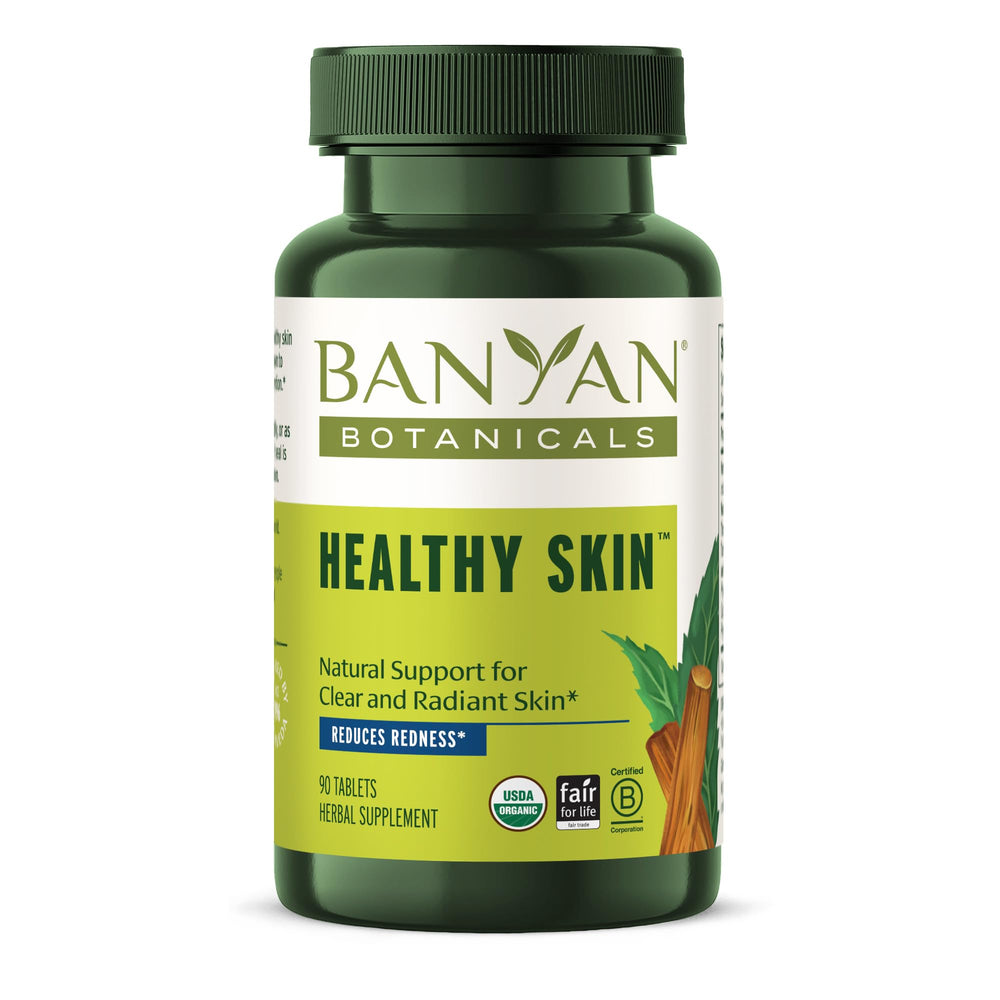 Banyan Botanicals Healthy Skin bottle and label showing vegan organic formula for radiant skin.