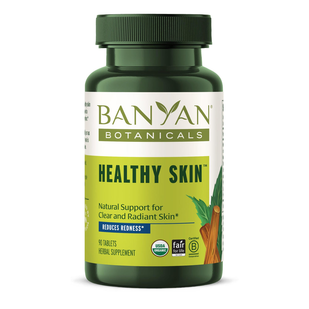 Banyan Botanicals Healthy Skin bottle and label showing vegan organic formula for radiant skin.